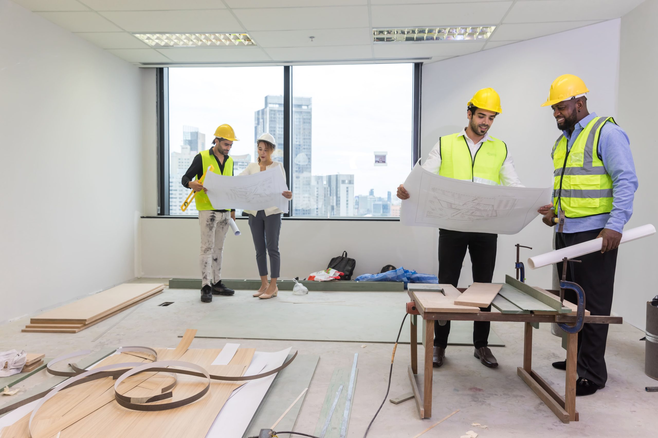 Interior fit-out workers installing finishes at a UAE commercial project